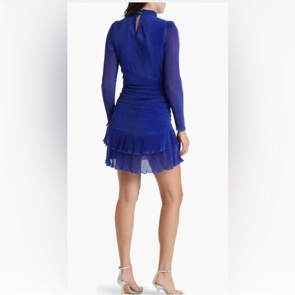 Saylor Margie Metallic Blue Plisse Long Sleeve Mini Dress Size XS - Picture 2 of 11